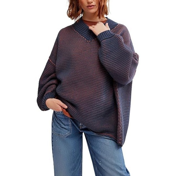Free People Sweaters - Free People Blue Orange Waffle Knit Oversized V-Neck Sweater Womens Medium